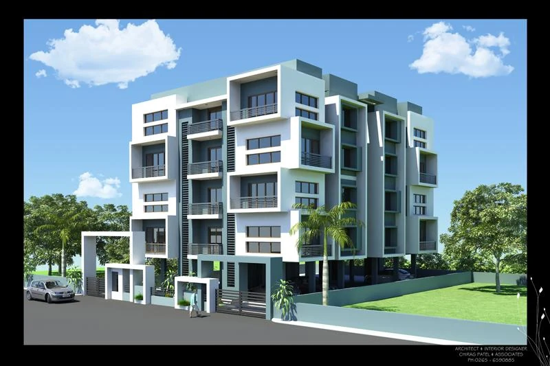 Modern apartment building, angled view