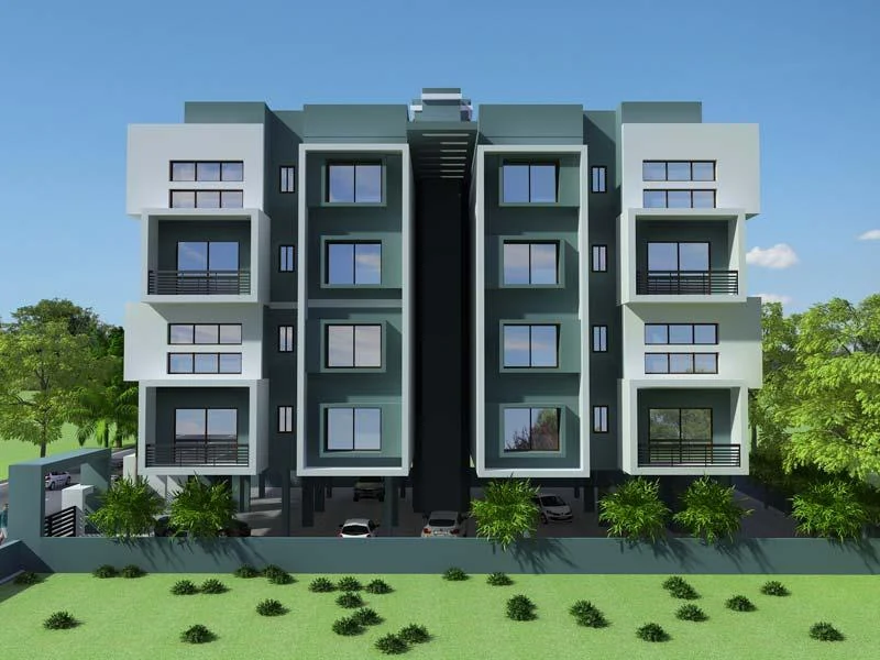 Modern apartment building, evening view