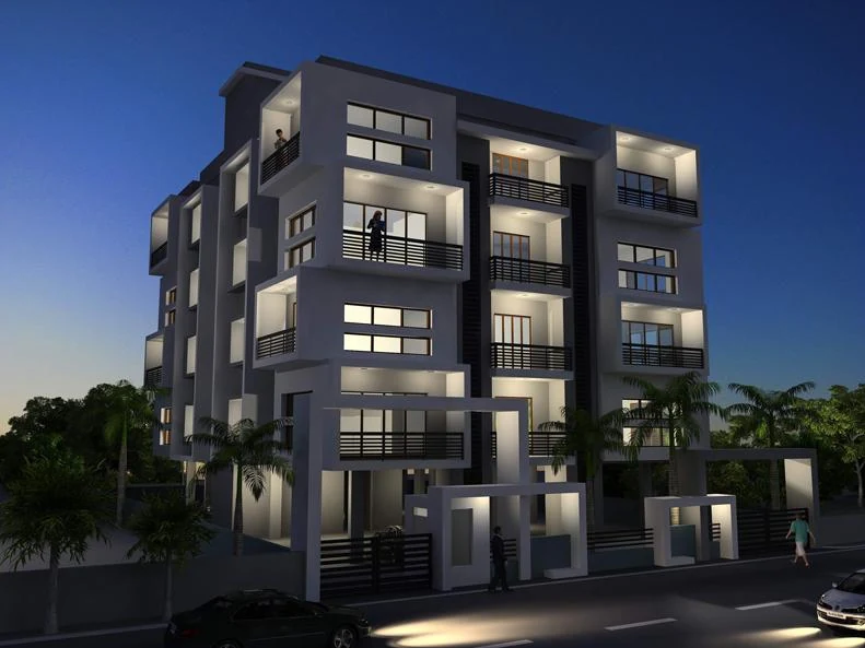Modern apartment building illuminated at night